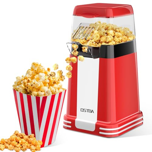 OSTBA Popcorn Maker, 1200W Mini Retro Air Popper Popcorn Machine, 12 Cups Hot Air Popcorn Popper Electric with Butter Tray, Oil-Free One-Button Control, Compact Design for Home & Gifts