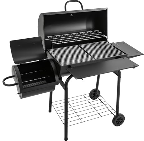 Träkolgrill svart grill grillvagn BBQ kolgrill med termometer askbehållare lock och 2 st hjul, grillvagn träkol smoker grill för picknick fester terrasser