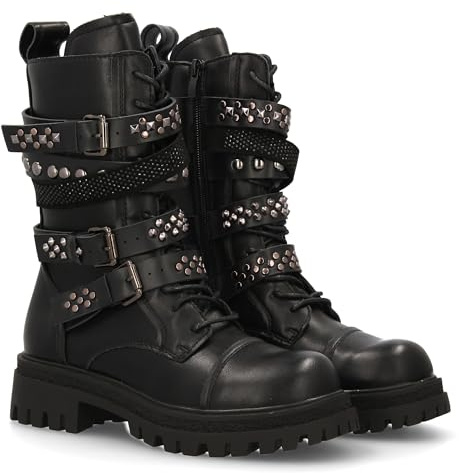 96211 Estas Botas de Estilo Militar, Diseno Robusto, Multiples Correas con Hebillas metalicas y Plataforma. Suela Dentada Gruesa, Ideal para Mujer Temporada Otono Invierno. Negro Talla 40