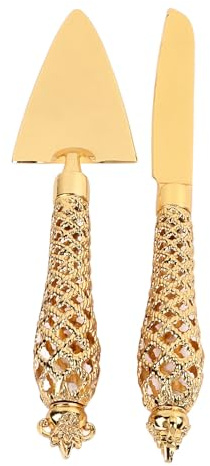 OVAQUIXI Set di Coltelli e Paletta per Torta Dorati, Set per Tagliare Torte Nuziali in Lega di Zinco, Coltello da 11,6 Pollici e Paletta da 11,4 Pollici, Design Elegante per Occasioni Speciali