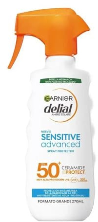 GARNIER - Delial Sensitive Advanced Protector Solar en Spray SPF 50+ para Pieles Sensibles y Claras, 270ml, Tecnología Ceramide Protect, Muy Resistente al Agua