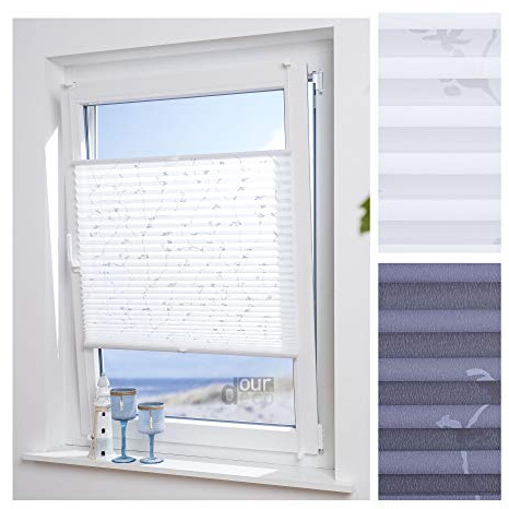 ourdeco® Plissee / 110 x 130 cm Weiß, bedrucktes Blumenmotiv Ranke/lichtdurchlässig, Blickdicht/Farbe: Weiß Ranke/Klemmen=Montage ohne Bohren=Smartfix=Klemmfix-Plissee=Easy-to-fix