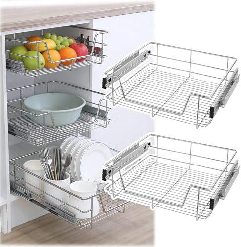 SAILUN Pull Out Wire Basket for 600mm Kitchen Cabinet, 2 Pack Slide Out Storage Drawer Organiser Base Larder, Silver Cabinet Pull-Out Basket for Kitchen, Pantry, Bathroom Cabinets