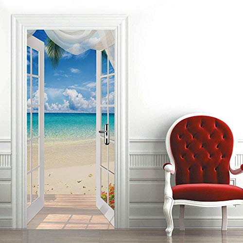 SHOMEY Adesivo per porte Vista mare dalla finestra 80 x 210 cm PVC Autoadesivo Porta murale vinile HD stampa Applique Porta a muro decorazione famiglia camera da letto
