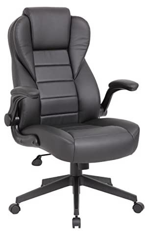 Boss Office Products Executive High Back CaressoftPlus Flip Arm Chair in Black