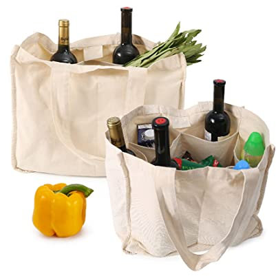 Rayeeley 2 Stück Leinen-Einkaufstaschen mit Griff, wiederverwendbare Tragetaschen, Baumwolle, umweltfreundlich, faltbar, waschbar – 6 Innentaschen für Flaschen, perfekte Strand-Picknick-Tragetaschen