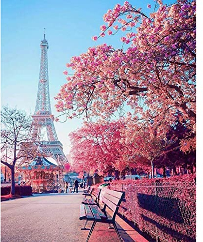 5D Eiffel Tower Diamond Art Painting Paris Scenery Kits for Adults | Cherry Blossoms Full Round Diamond Crystal Gem Art for Home Interaction Wall Decor 30x40cm