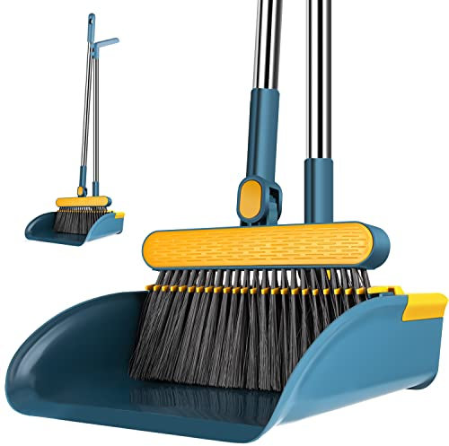Broom and Dustpan,long handled dustpan and brush set with Comb, Standing Dust Pan Dustpan and Brush for Indoor Lobby Office Kitchen Sweeping