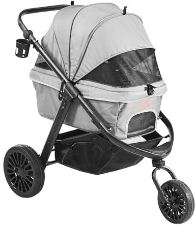 VEVOR Pet Stroller, 3 PU Wheels Dog Stroller Rotate with Brakes, 75 lbs Weight Capacity, Puppy Stroller with Pet Pad, Storage Basket and External Cup Holder, for Small to Medium Sized Dogs, Grey