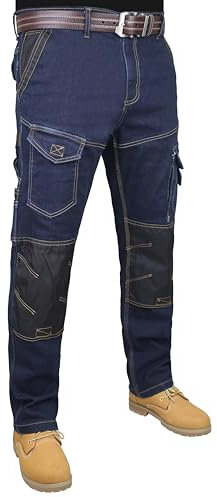 HASHOOB TRADING FZE Herren Arbeitshosen Arbeiten Jeans Maler Hosen Hochleistungs Multi Taschen Ladungs Hosen (2-BLUE1-38WX30L)
