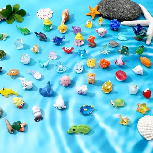 DTOFOOT 56 Pcs Ocean Mini Resin Animals Sea Tiny Animals Axolotl Seal Shark Turtle Mini Resin Figures Aquarium Ornaments Fish Tank Decorations Garden Fairy Accessories Party Favors