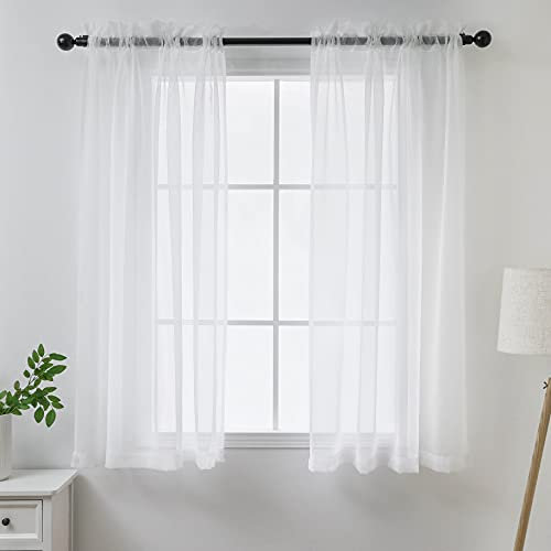 Demetex White Net Curtains 45 inch Drop Voile Curtains for Windows with Rod Pocket Top Light Filtering Sheer Curtains for Living Room, Bedroom, 2 Panels, 137 x 114 cm, White