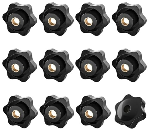 ORTAVA 12 stycken stjärnhandtagsmuttrar M8, stjärnhandtagsskruv yttre diameter 38 mm, räfflad skruv inre gänga mässing, stjärnhandtag för möbler, mekaniska, verktygsmaskiner (svart)