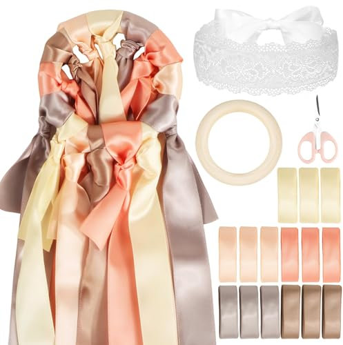 BOFUNX 15pcs Brautstrauß Seidenbänder + Holzring + Spitze Augenbinde + Schere, Hochzeit Blumenstrauß Bänder Set Kreatives Hochzeitsspiele für Braut Gäste