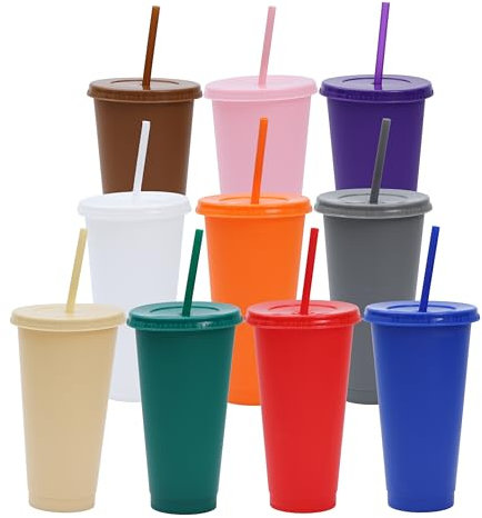 EazyBreezy 10 Pcs Reusable Plastic Cups with Lids & Straws Colored Tumblers Iced Coffee Cup Party Color Changing Cups for Kids Children Camping Mugs - 10 Colors, 700ml