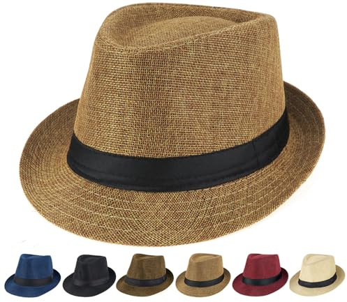 Initlove Mens Fedora Hat Unisex Classic Panama Hats Short Brimmed Trilby Hats Black Strap Khaki