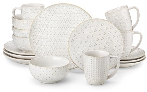 MALACASA 16 Pieces Dinner Set for 4, Embossed Stoneware Dinner Sets, White | Plates and Bowls Sets with Mugs, 4 Different Patterns, Microwave/Dishwasher Safe, 4 Each Bowls, Dinner Plates and Side Plates