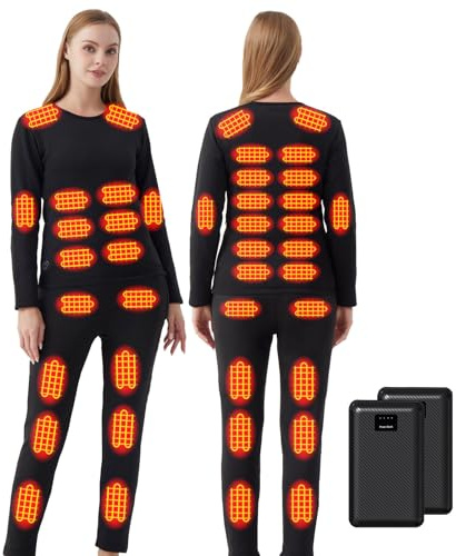 Yahbrra Damen Beheizbare Thermo Unterwäsche: mit 2 Powerbank 42 Zonen 3 Gang Beheizte Hose und Top für Winter Kalte Ski Angeln Sie den Ganzen Tag Warm (L)