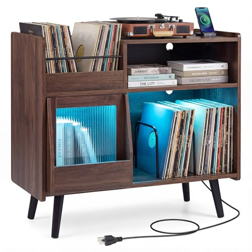 Giantex Large Record Player Stand with LED Light, Mid Century Modern Turntable Stand w/Sliding Door, Charging Station & Solid Wood Leg, Record Player Table, Vinyl Record Storage for Living Room, Walnut