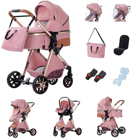 GLOKID Carrito bebe,carrito bebe 3 en 1,Adecuado para 0-3 años, carga máxima de 25 kg, sistema de carro bebe viaje plegable, incluidos adaptadores de accesorios(LV9 Rosa)