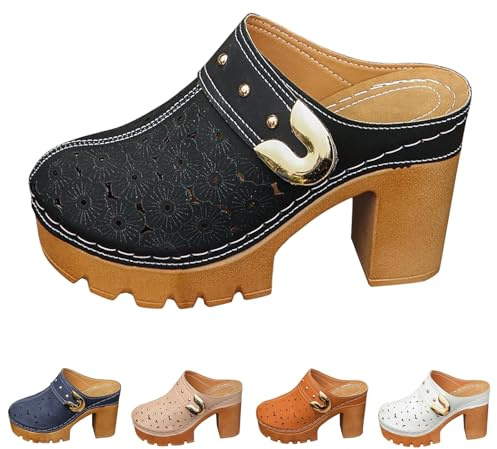 szvbofueck Zoccoli da donna in legno e pelle con tacco – Sandali con zeppa antiscivolo con plateau Scarpe ortopediche chiuse Pantofole Hollow Out Zoccoli da giardino traspiranti Scarpe estive per il