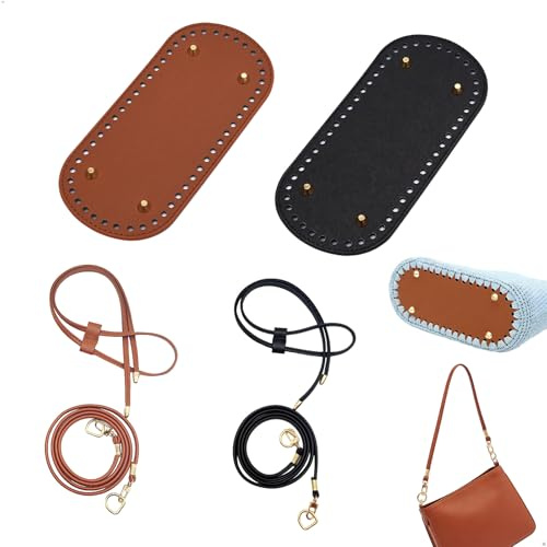 Fondi Borse Uncinetto,Manici Borse Uncinetto,Manici Regolabili Accessori in Pelle PU con Fori e Ribattini per Fai da Te, Set Completo 2 Pezzi Marrone e Nero per Borse a Tracolla e Zaino