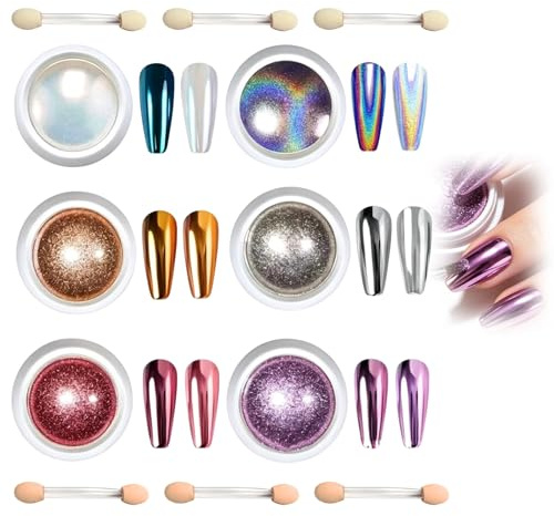 6 Poudre Chrome Ongle, Poudre Effet Miroir Ultra Brillant, Kit poudre chrome ongle Nail Art, Pigments et Pearl pour chrome nails, UV Gel, Acrylique, DIY Manucure