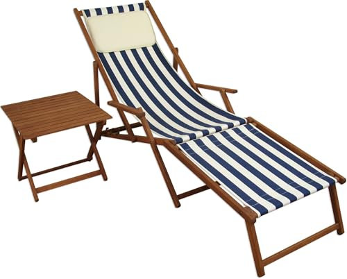Gartenliege blau-weiß Fußteil Tisch Kissen Deckchair Holz Liegestuhl Sonnenliege 10-317 F T KH