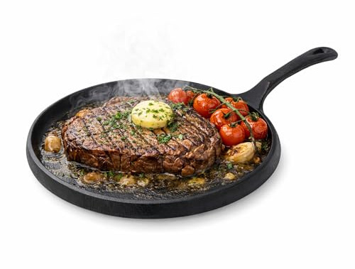 Samuel Groves 10 Inch Round Cast Iron Sizzle Platter Pan – Heavy Duty Heat Retaining Skillet for Steaks, Fajitas & Sizzling Dishes, Oven Safe Cast Iron Pan for Restaurant & Home Table Service, 2.26kg