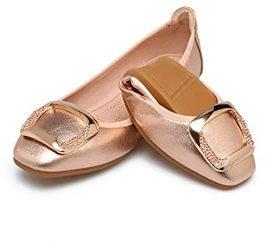 MACHSWON Womens Ballet Flat Slip On Foldable Ballet Flats with Buckle, Portable Ladies Slip On Loafers(Gold, Size 4)