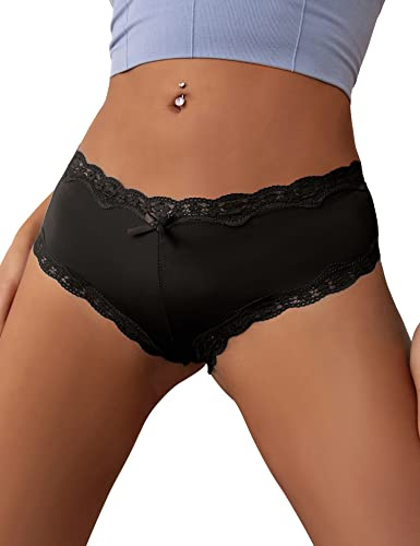 ohyeahlady Women's Lace Satin Panties seamless Knickers Ladies Stretchy Low Rise Bikini Briefs Hipster Lace Underwear for Female Black UK Size 8-10