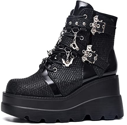Gothniero Black Platform Goth Boots for Women Chunky Heel Platform Shoes Gothic Combat Ankle Boots with Bat Zip Lace Up Size 3UK-8UK