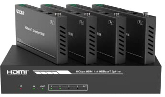FOURKAY 1x4 HDMI Splitter over CAT6 4K60 150m, HDBT, Audio Extraction, IR