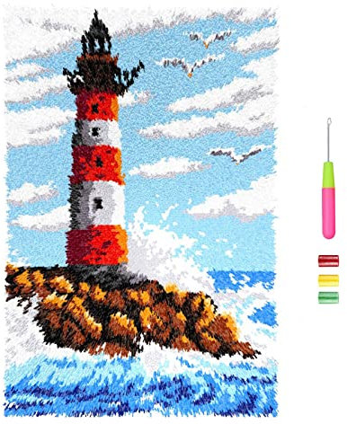 VIONNPPT Leuchtturm am Meer Muster Knüpfteppich Zum Selber Knüpfen, DIY Unfinished Häkelteppich Set mit Vordruck,3D Teppich Knüpfen Set für Erwachsene Kinder 60x40cm (Blau)
