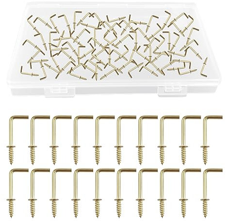 UFURMATE Lot de 70 crochets à vis de 1,9 cm, crochets en forme de L, crochets à angle droit, crochets à vis autotaraudeuses pour intérieur et extérieur (doré)