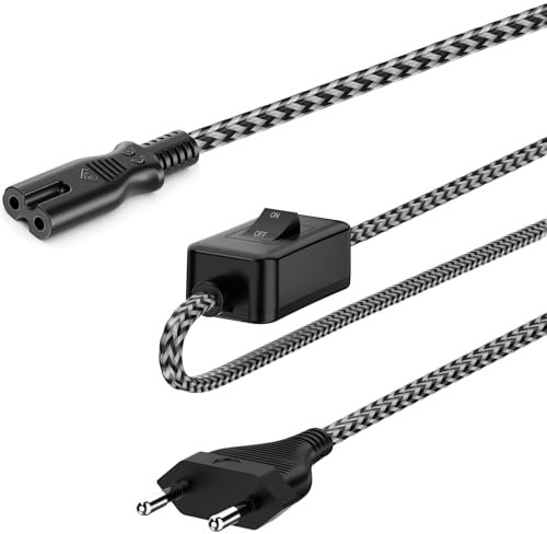 Wolee Stromkabel 2 Polig mit On/Off Switch, 1,5m Euro-Stecker Netzkabel mit Geflochtenem Kabel, Kleingerätekabel Euro 8, Euro Netzkabel für PS, X-Box One, TV, Blu-Ray, Radio, Netzteile (Schwarz)