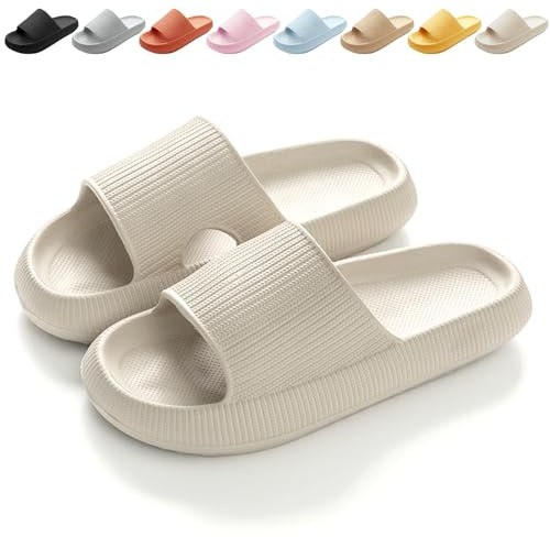 Calish Chaussons Antidérapants pour homme femme Pantoufles de Douche Très Léger Semelle Épaisse Amorti Soft Tongs Sandales- Pour maison, jardin, salle de bain, piscine, Plage, Beige, 42-43 EU