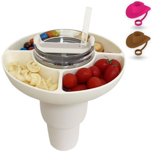 RIREKIS Stanley Snack Tray for Stanley 40 oz Tumbler with Handle, Reusable Snack Bowl with Hat Straw Cover Cap Stanley Cup Accessories 4 Compartment Divided Tray for Candy,Nuts(Cream)