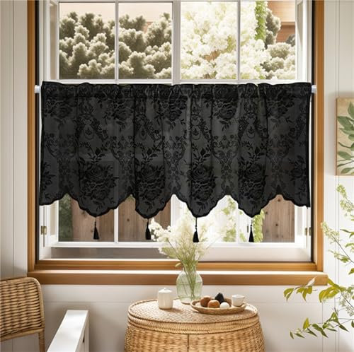 Ueiwffzo Net Curtains, Transparent Jacquard Curtain, Country House Style Bistro Curtain, Transparent Curtains, Short Curtains for Cafe, Kitchen, Door, Corridor, 1 Piece (Black, W x H 132 x 46 cm)