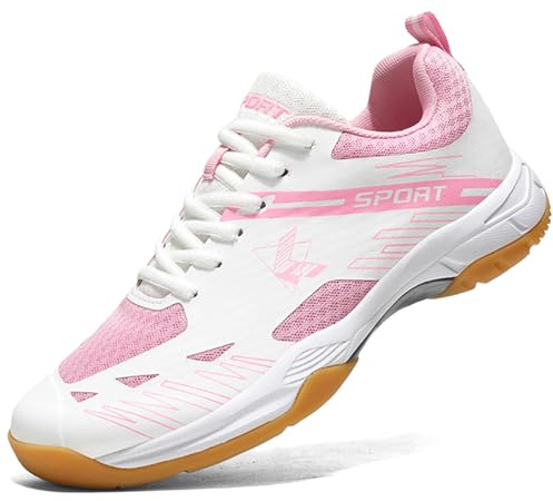 NGARY Hallenschuhe für Damen, Badmintonschuhe, leichte, rutschfeste Pickleball-Volleyball-Sneaker, Tennis- und Tischtennis-Turnschuhe,White pink,37 EU