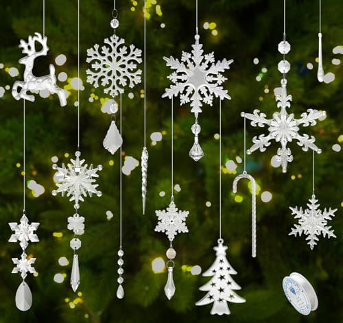 26 Stück Christbaumschmuck Schneeflocken deko, ilauke Weihnachtsbaum Dekoration Anhänger Weihnachtendeko Acryl Weihnachtsanhänger mit 20M Schmuckfaden, Christbaumanhänger für Weihnachten Baumschmuck