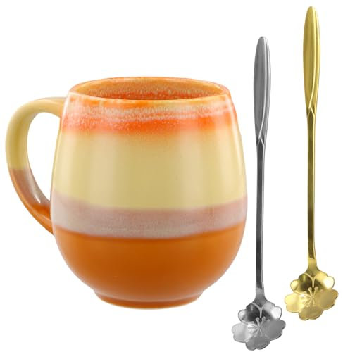 Kioiner Taza de Café Grande de Cerámica Vintage de 500 ml, Taza de Té Grande de Cerámica con Asa, Tazas Desayuno Grandes para Café, Cereales, Sopa, Ensalada y Helado, con 2 Cucharas de Flor de Cerezo