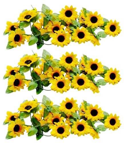 3 Piezas Guirnalda Girasol Decorativa 2,4M, Flores Artificiales para Valla de Jardín, Arco de Boda, Pared Interior o Balcón Colgante