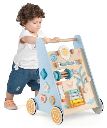 GOPLUS gåvagn trä, höjdjusterbar baby gåstol, baby walker för att skjuta och dra, multifunktionell Montessori-leksak med hjul och förvaringsutrymme, för barn från 1 år