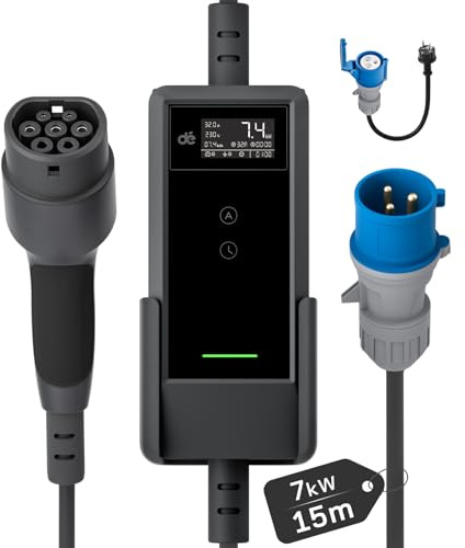 dé Chargeur Voiture Electrique P17 [7,4kW, 15m, 6A-32A, 1-Phase] Chargeur Voiture Electrique Type 2 32A P17, Type 2 Chargeur EV Prise CEE Compatible avec Model Y, E-208, 500e et Autres EV/PHEV