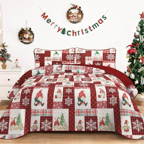WONGS BEDDING Tagesdecke 220x240 Weihnachts Bettüberwurf Steppdecke Doppelbett Gesteppt Mikrofaser 3 Teilig Weihnachts Tagesdecken mit 2 Kissenbezüge 50x75, Rot Patchwork Weihnachtsbaum Schneeflocke