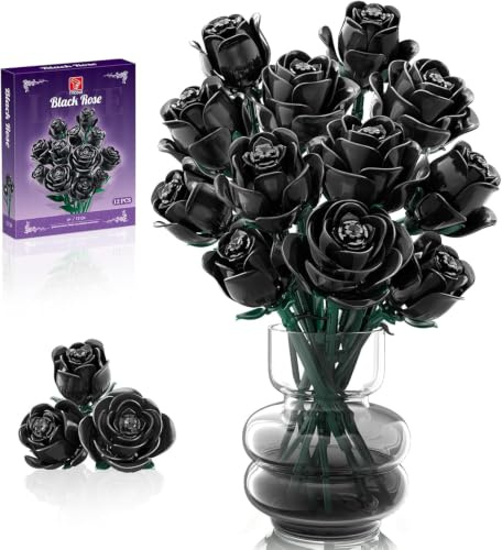 Kit de construction de roses noires TYCOLE, bouquet artificiel d'Halloween compatible - Décorations de plantes d'intérieur pour la maison et le bureau - Cadeau pour femmes et filles de 6 ans et plus