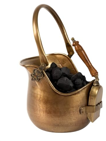 Brass Finish Coal Bucket and Shovel Vintage Style Fireside Coal Scuttle Kindling Basket Wood Cradle Vintage Style Mantelpiece Fireplace Hearthside Storage Scuttle Bucket