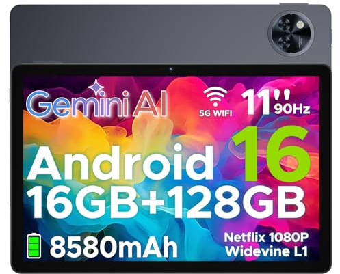 DOOGEE U11 Android 16 Tablets with Gemini AI, 11 Inch Tablet, 16GB+128GB/2TB, 8580mAh, 90 Hz Gaming Tablet, Octa Core Android Tablets, 5G WiFi | Widevine L1 | Face ID | 13MP+5MP | OTG | GPS - Gray
