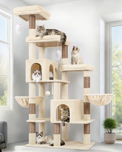 Globlazer Árbol Rascador para Gatos Grande Beige 189 cm Alto con 2 Nidos Grandes 45*30CM, 3 Plataforma Acolchada, 2 Cesta, Juguetes de Peluche, Estable Rascador para 3-5 Gatos Interior (F74F, Beige)